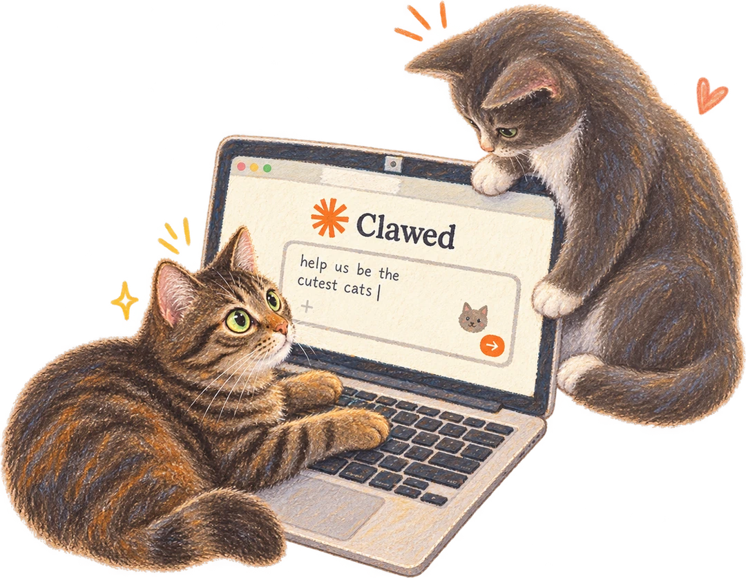 Lyra and Goose, two cats, at one open laptop with Claude on the screen