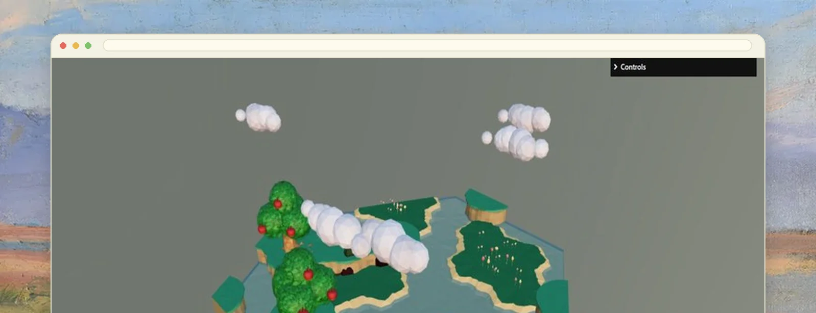 A low-poly 3D island with cliffs, water and scattered conifers