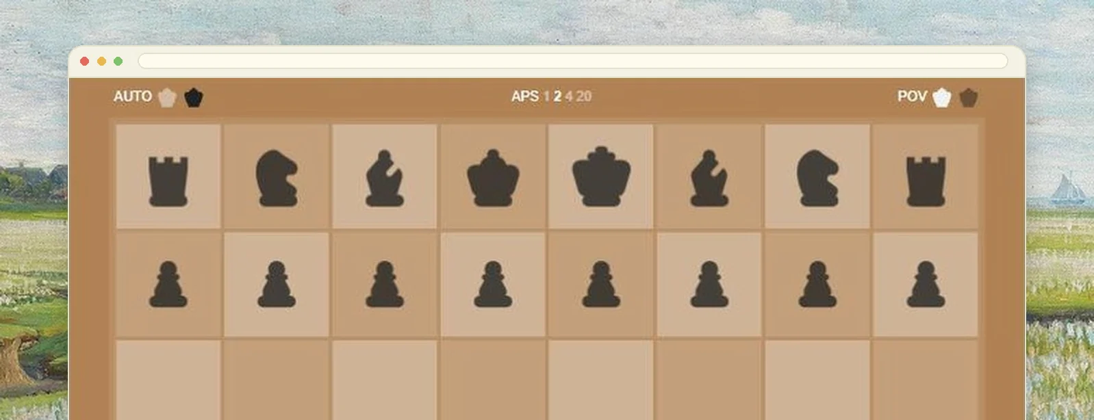 A chess board at the starting position with move and perspective controls