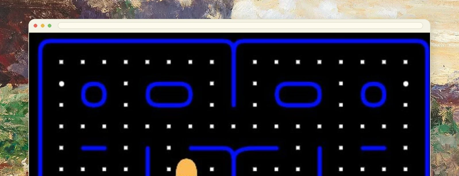 A Pac-Man maze in blue on black, dots laid through every corridor