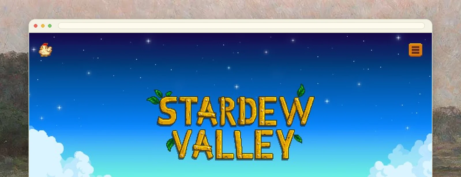 A pixel-art farm title screen with mountains, a barn and a night sky