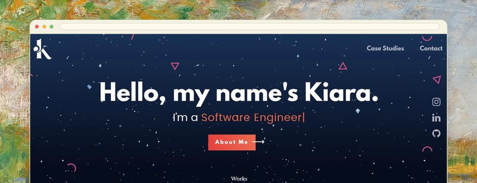 A dark portfolio home page with a large introduction and case study cards