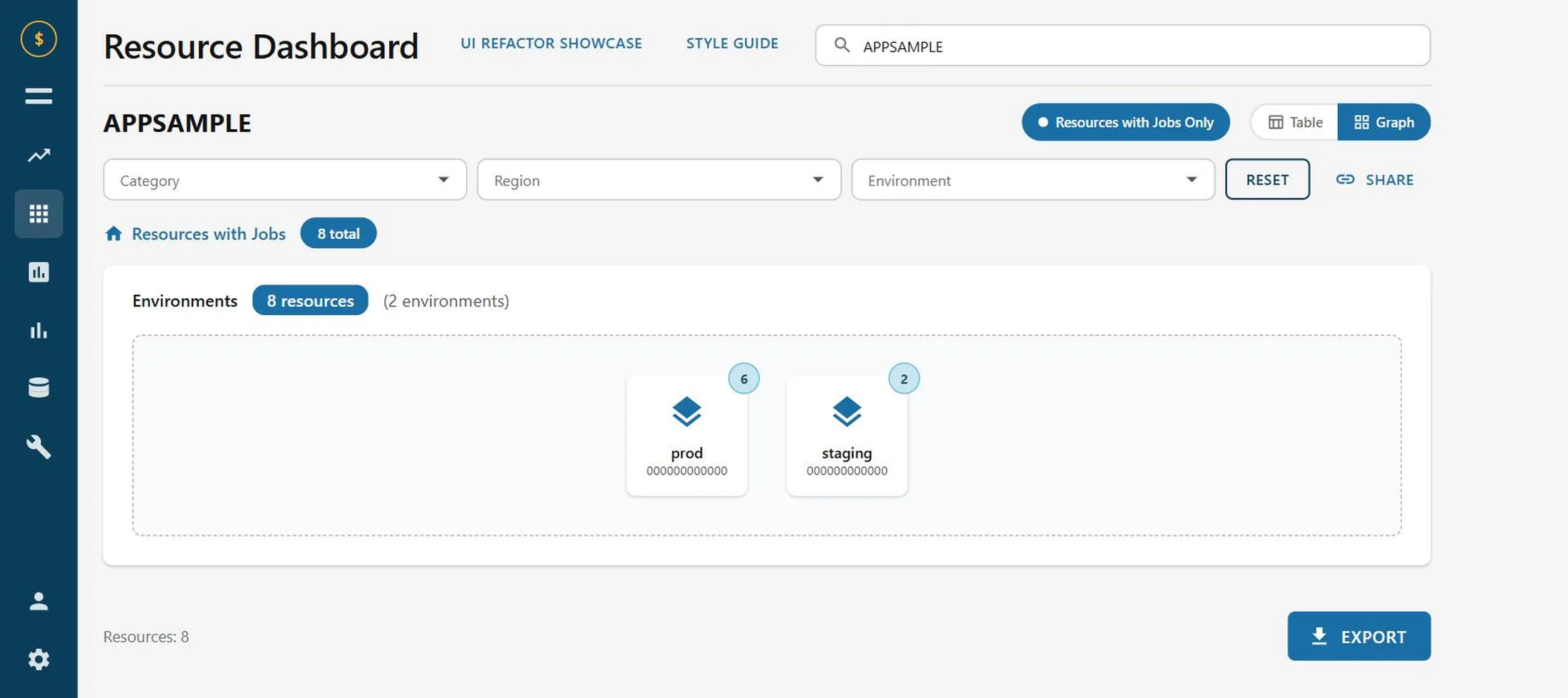 The dashboard's default view, with its filters, view toggle, jobs filter and export called out