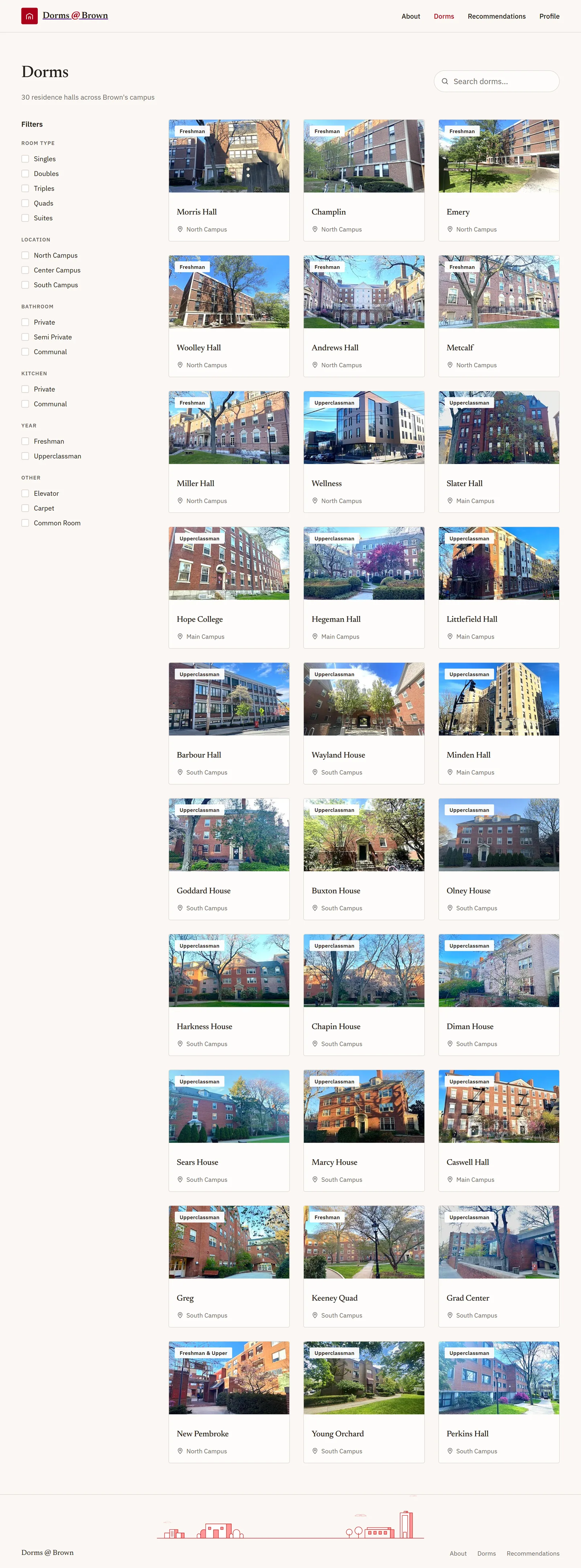 The dorm index, filtered: thirty residence halls, then seventeen with singles, then four of those on Center Campus, then the one with a private bathroom