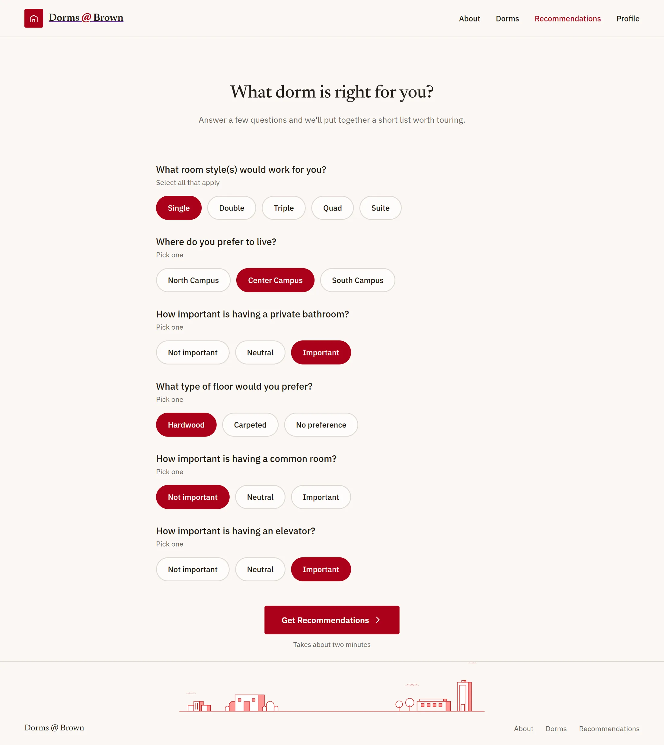 The recommendation quiz with all six questions answered, the Get Recommendations button pressed, and the results page ranking Hegeman, Hope and Caswell one to three