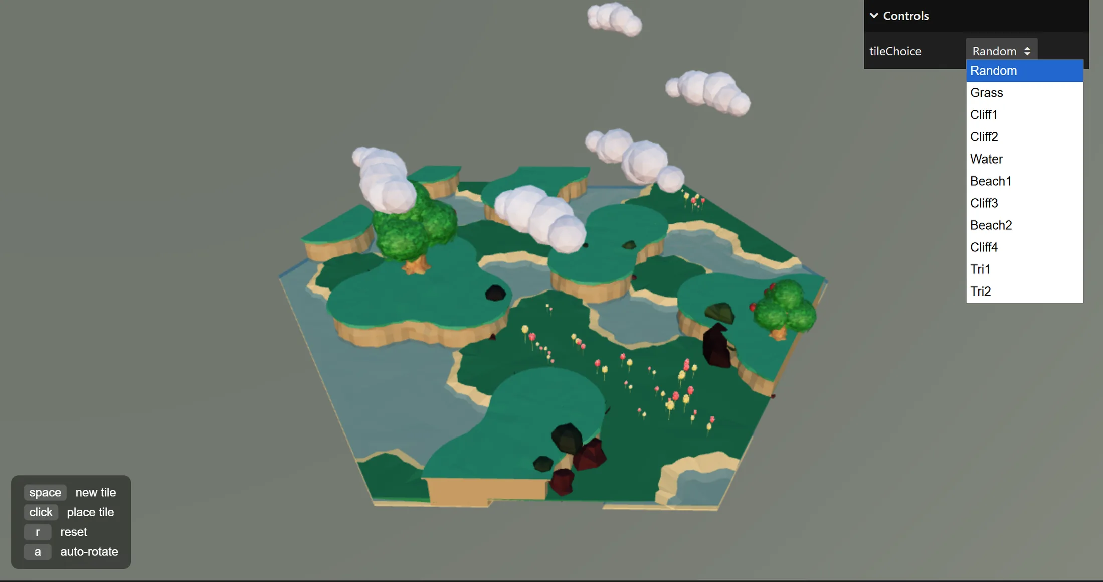 The controls panel open on the tile list: Grass, four cliffs, water, two beaches and two triangles