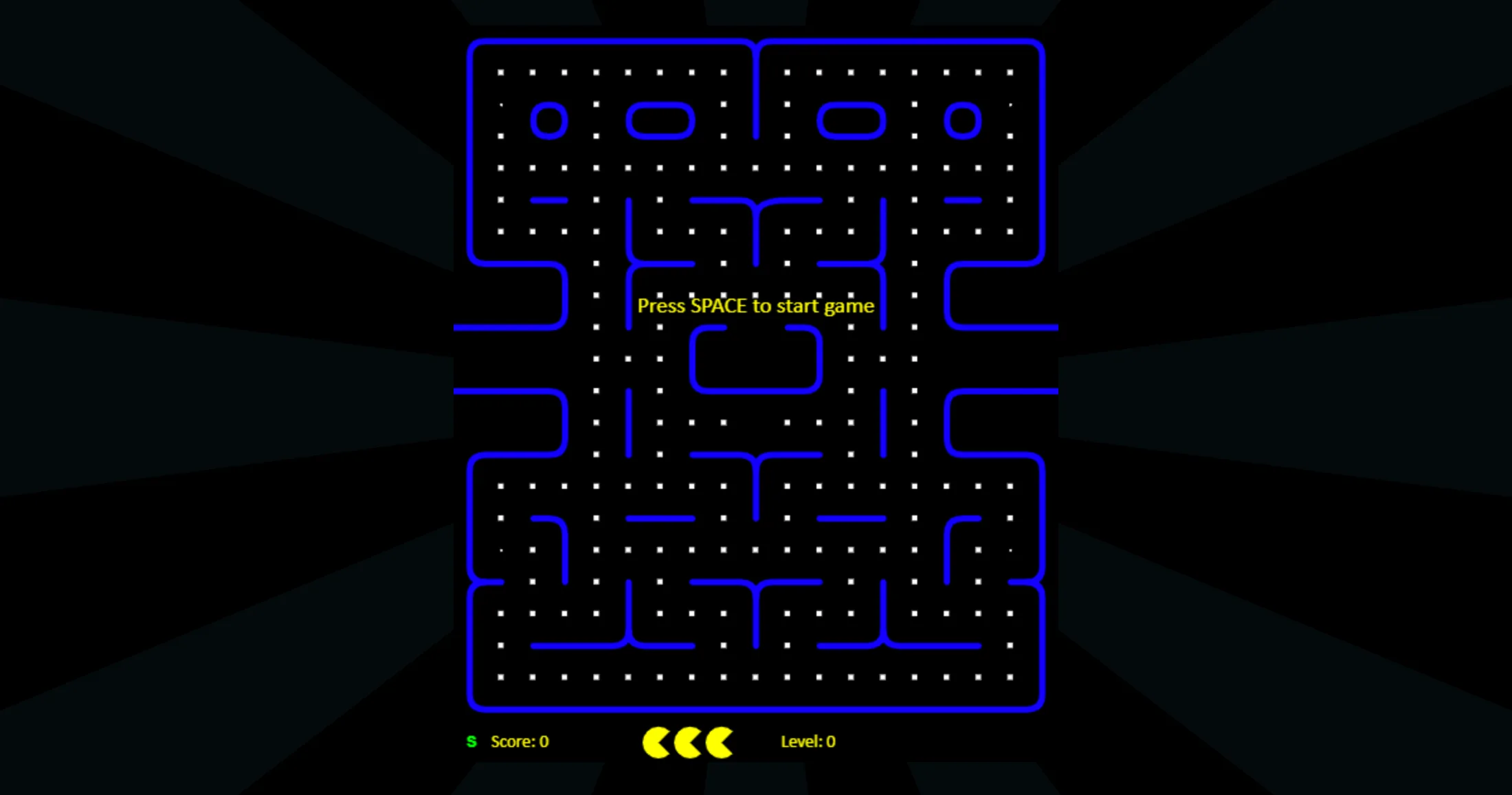 The maze before the first move: every corridor laid with pellets, the ghost house closed in the middle, score and lives along the bottom