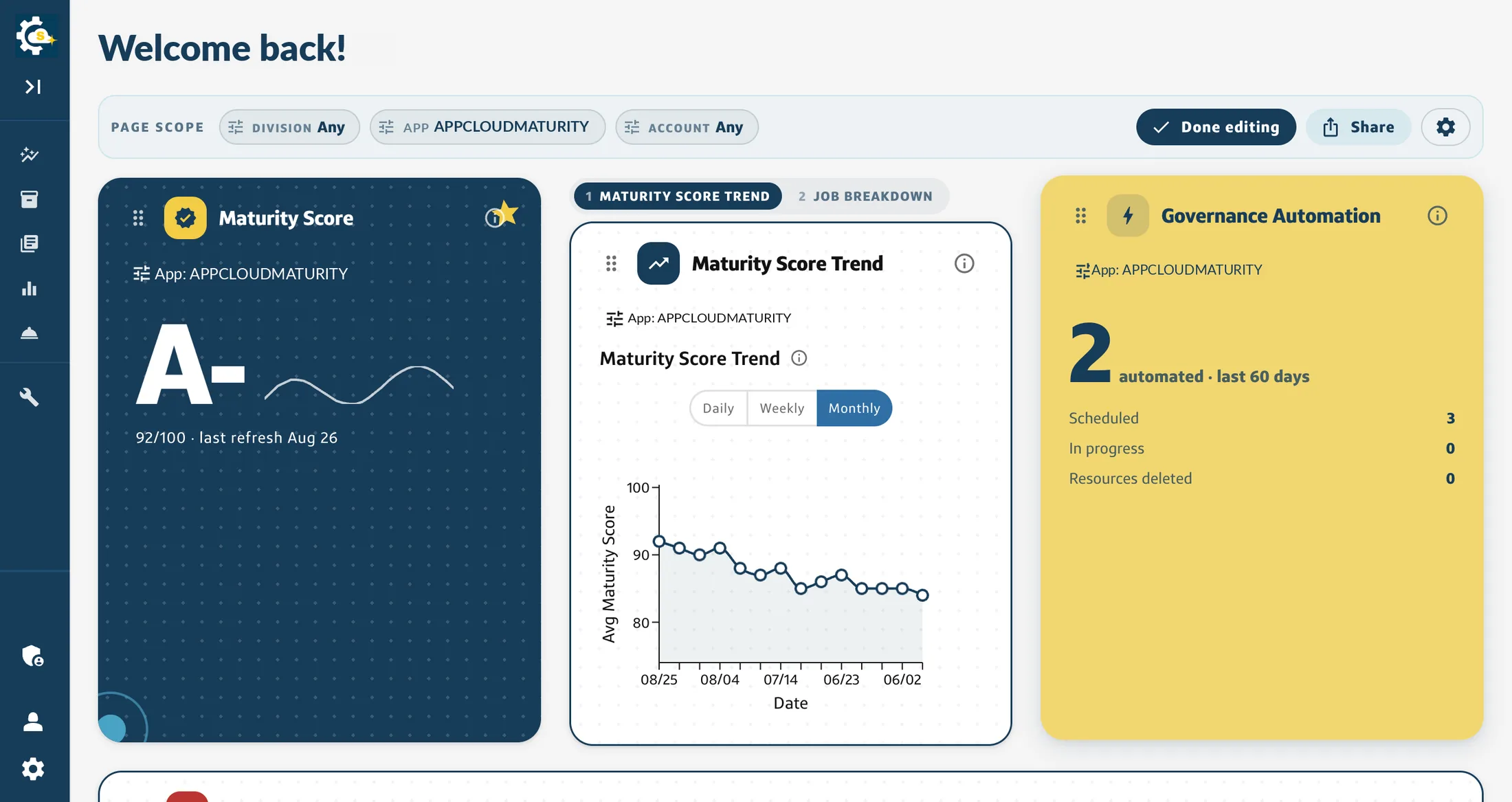 The same homepage in edit mode, its widgets showing drag handles and the page scope set to a single application