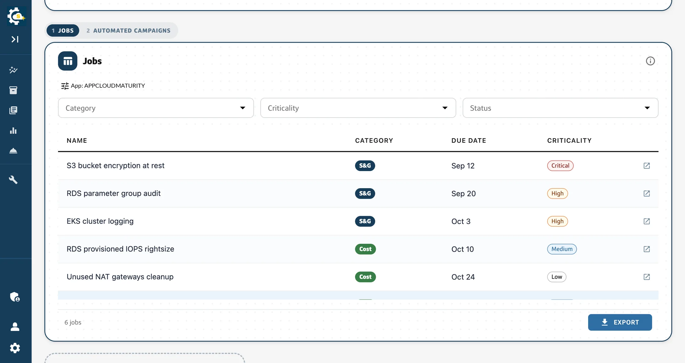 One widget on the homepage: a jobs table with its own scope chip, three filters and an export, stacked behind a numbered tab with a second widget