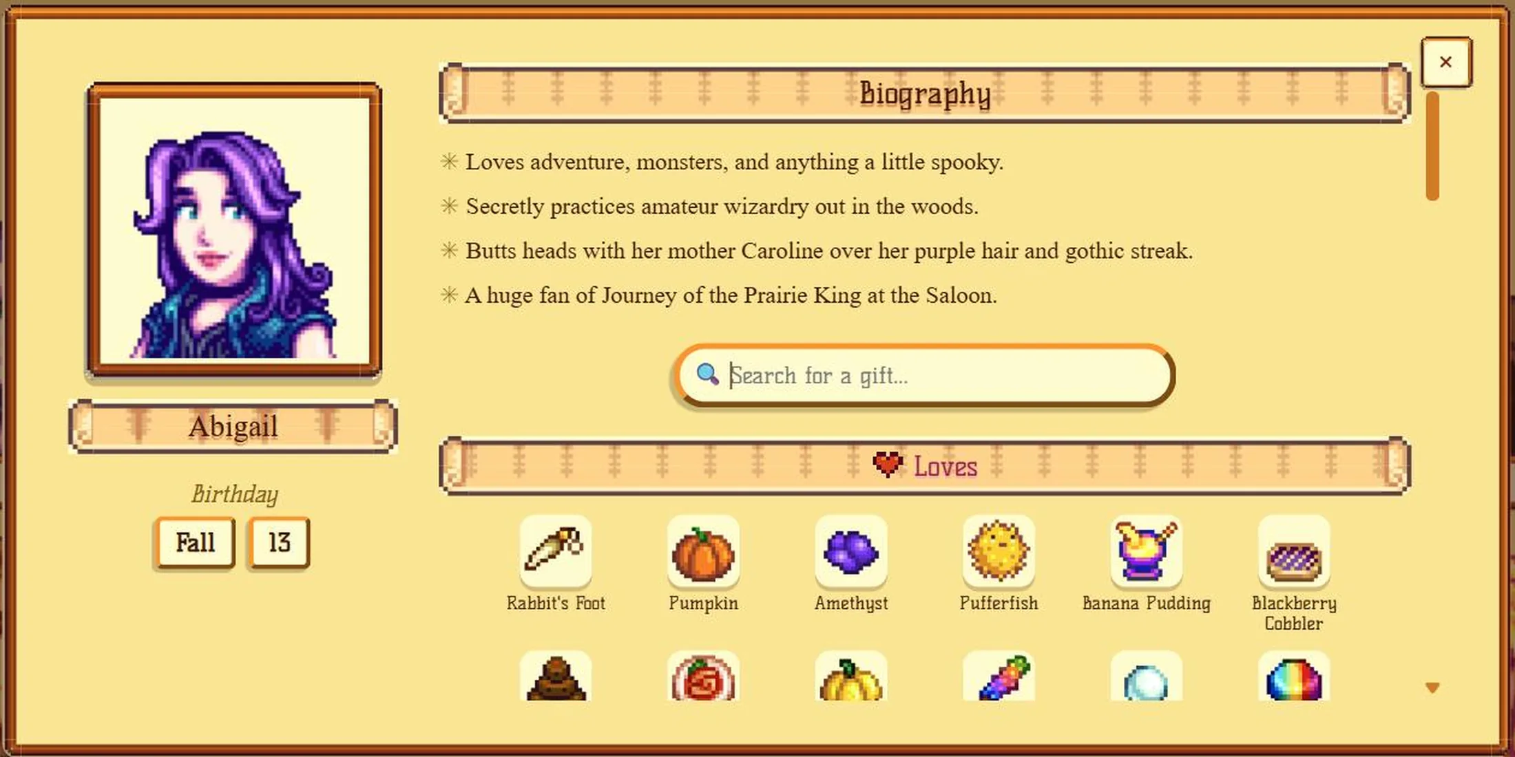 A villager card: a bracketed portrait, a name plate, a birthday, four lines of biography, a gift search and two lists of gifts